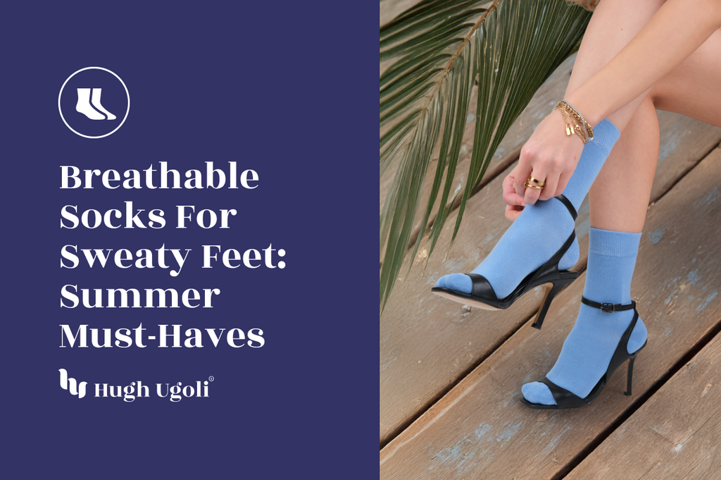 Stylish summer look with breathable blue Hugh Ugoli crew socks worn under black high heels, perfect for hot weather comfort