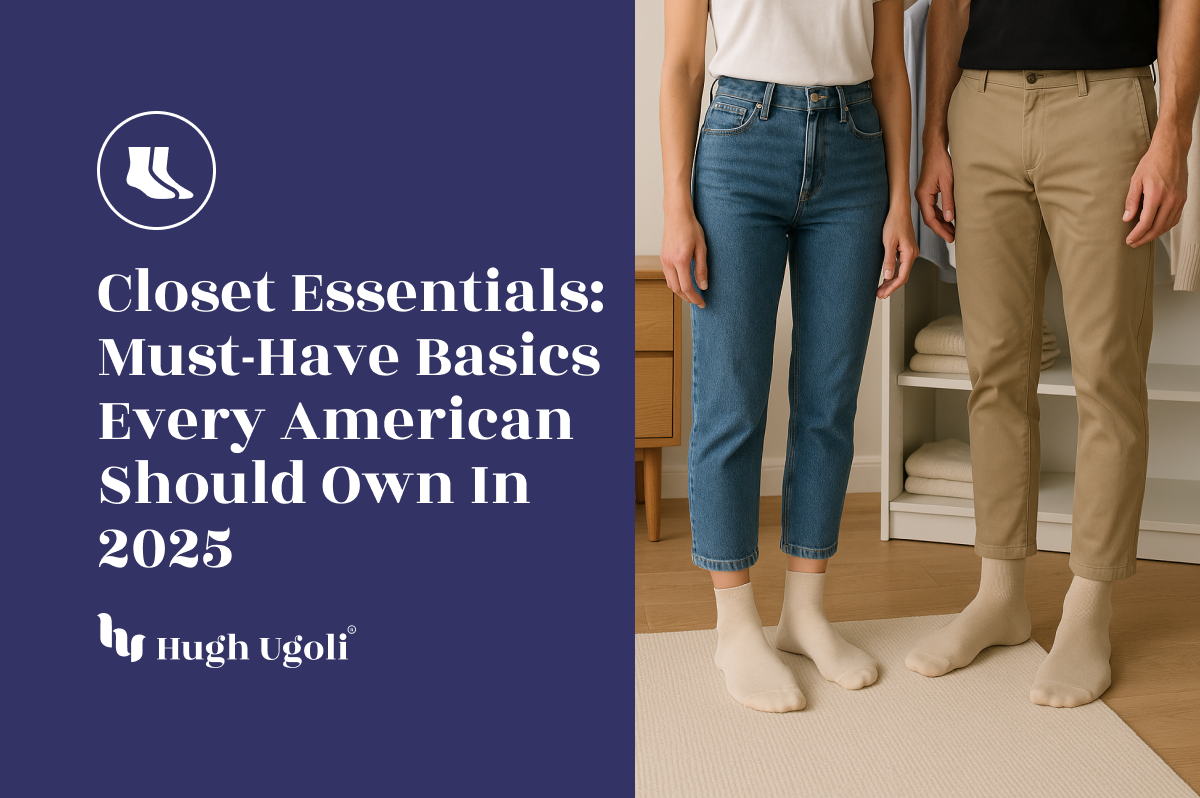 Man and woman standing side by side in neutral outfits and beige socks, representing timeless closet essentials for 2025.