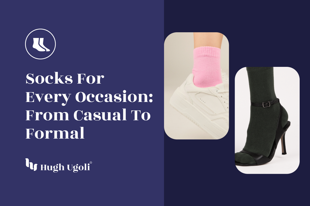 Graphic showing two different styles of socks: pink ankle socks with white sneakers for a casual look and dark green socks.