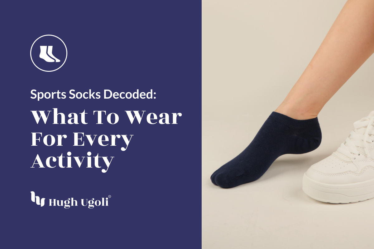 A foot adorned with a navy blue Hugh Ugoli sport sock, stepping into a white sneaker, with text 'Sports Socks Decoded: What To Wear For Every Activity'.