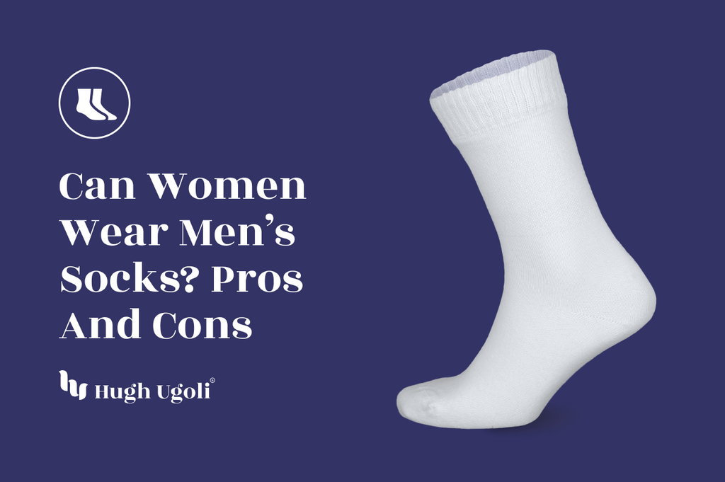 A single white sock on a purple background, representing the topic 'Can Women Wear Men's Socks? Pros and Cons' with Hugh Ugoli logo.