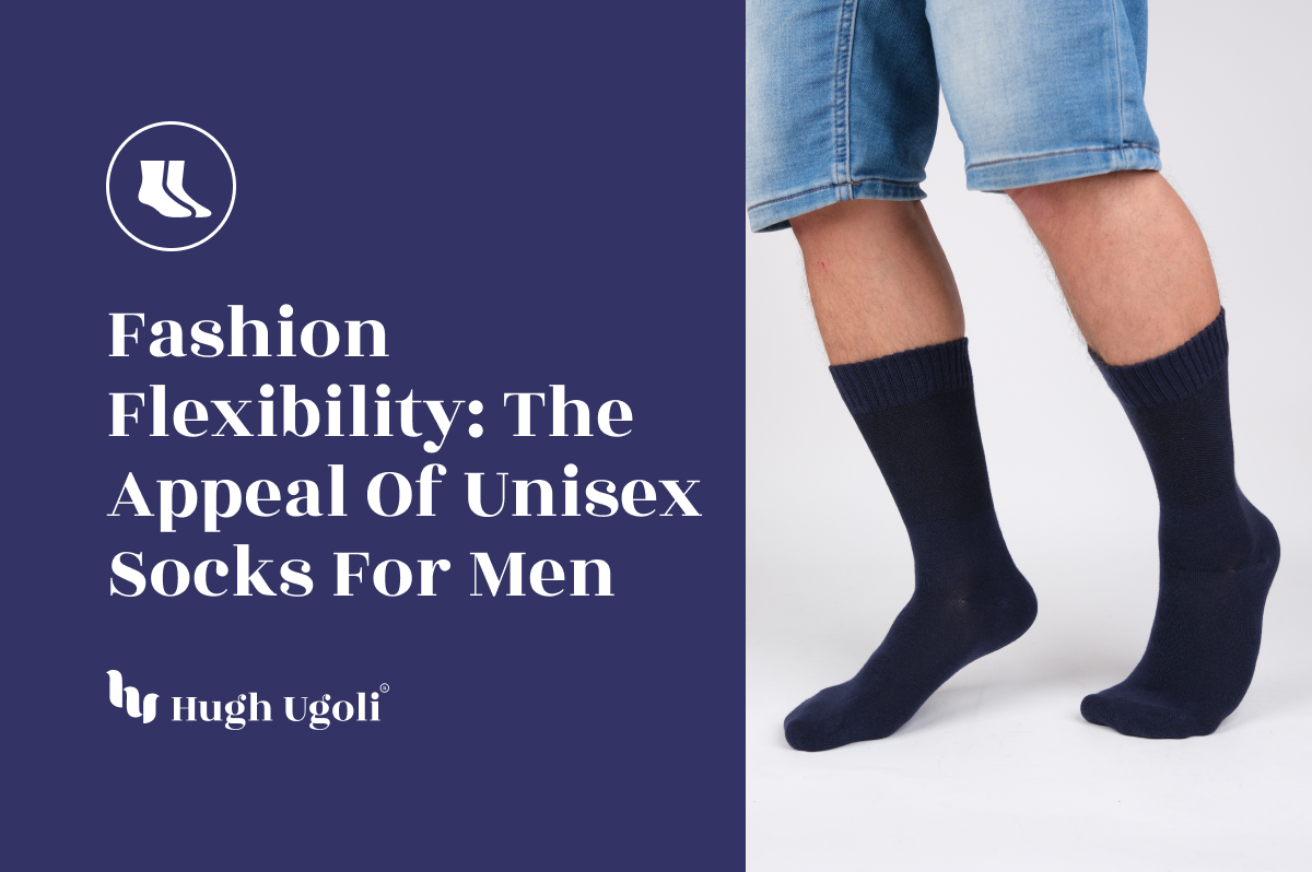 Person wearing denim shorts and dark navy unisex socks, showcasing the flexibility and style of unisex socks for men.