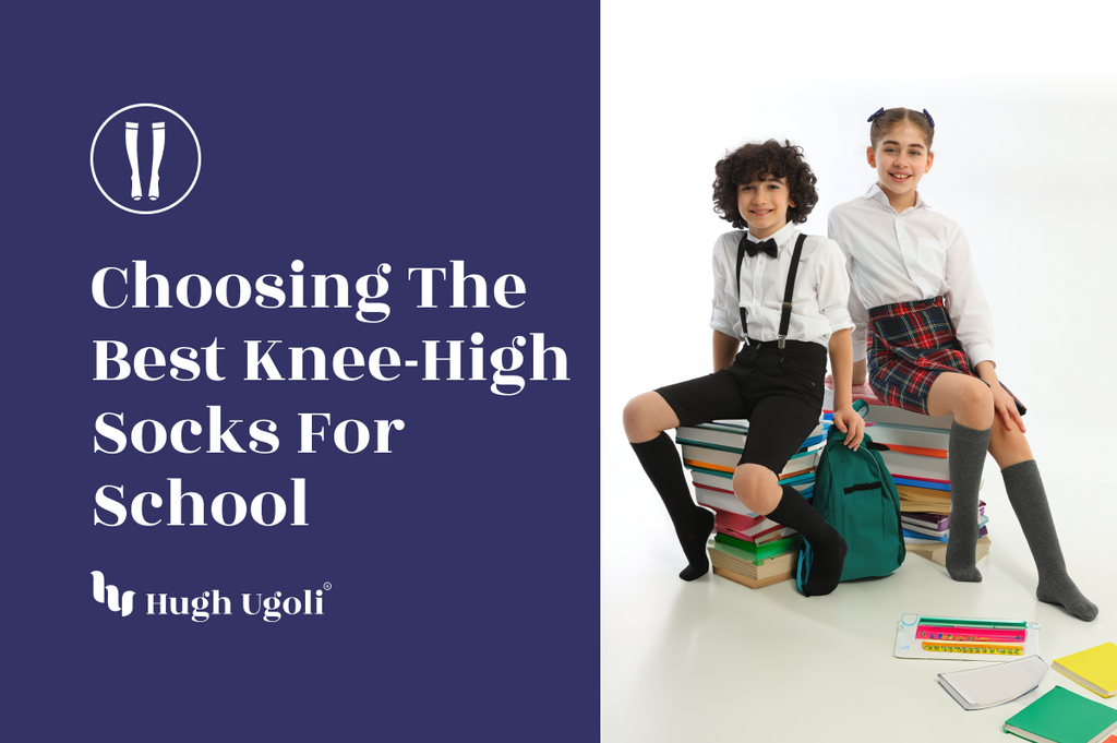Two children in school uniforms sitting on stacks of books, both wearing knee-high socks, representing the topic of choosing the best knee-high socks for school.