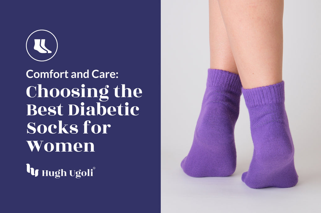 The image is a split design with a promotional message for Hugh Ugoli's guide on selecting diabetic socks for women. One side features the text, while the other shows a close-up of a woman's legs wearing purple ankle-high socks.