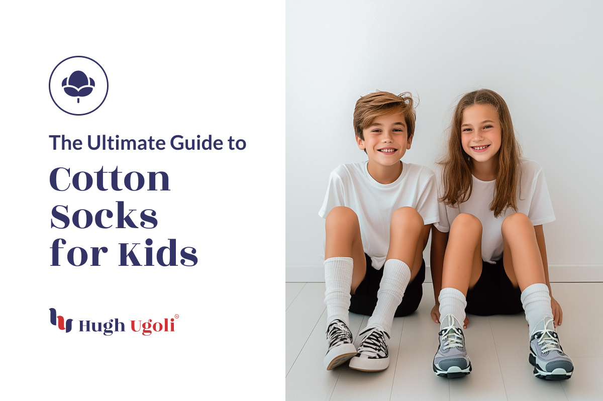 The image features two smiling kids sitting on the floor, wearing white cotton socks and sneakers, with a guide title about cotton socks for kids.