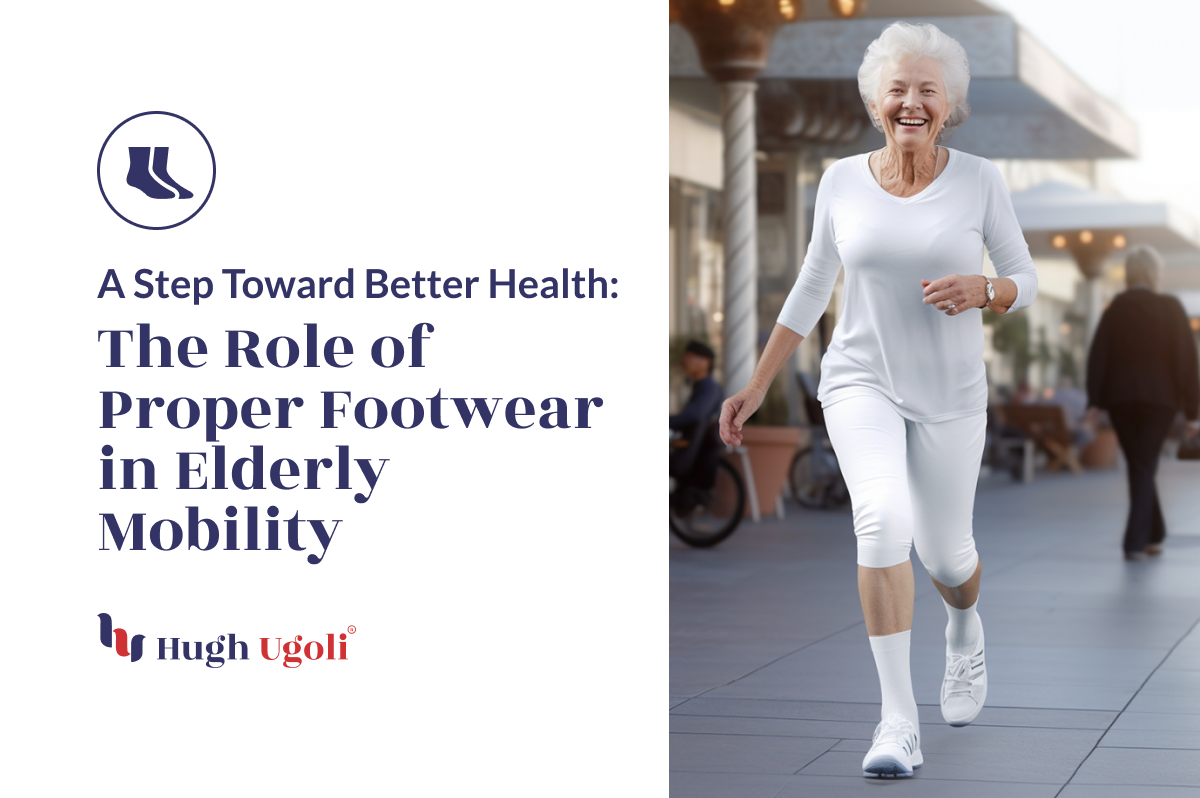 A smiling elderly woman walks confidently in white attire, with a message about footwear's role in elderly mobility.