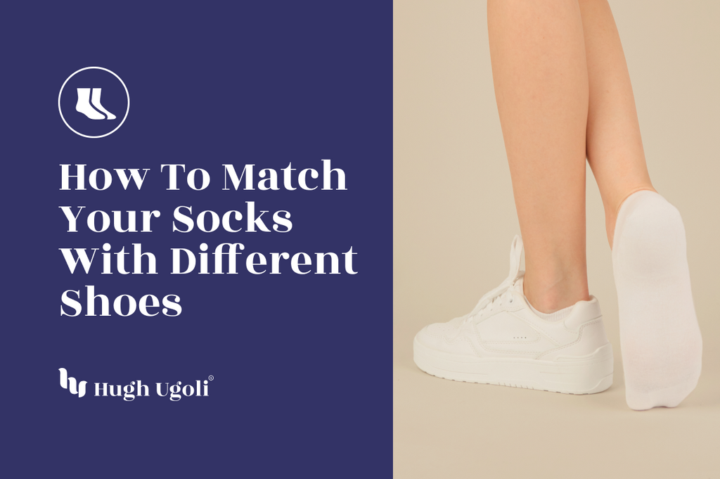 A person wearing white Hugh Ugoli socks with white sneakers, highlighting a clean and coordinated look.