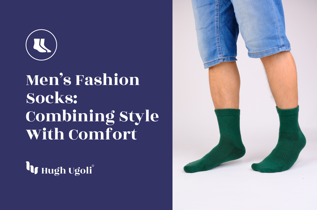 Person wearing green fashion socks paired with blue denim shorts, showcasing a combination of style and comfort.