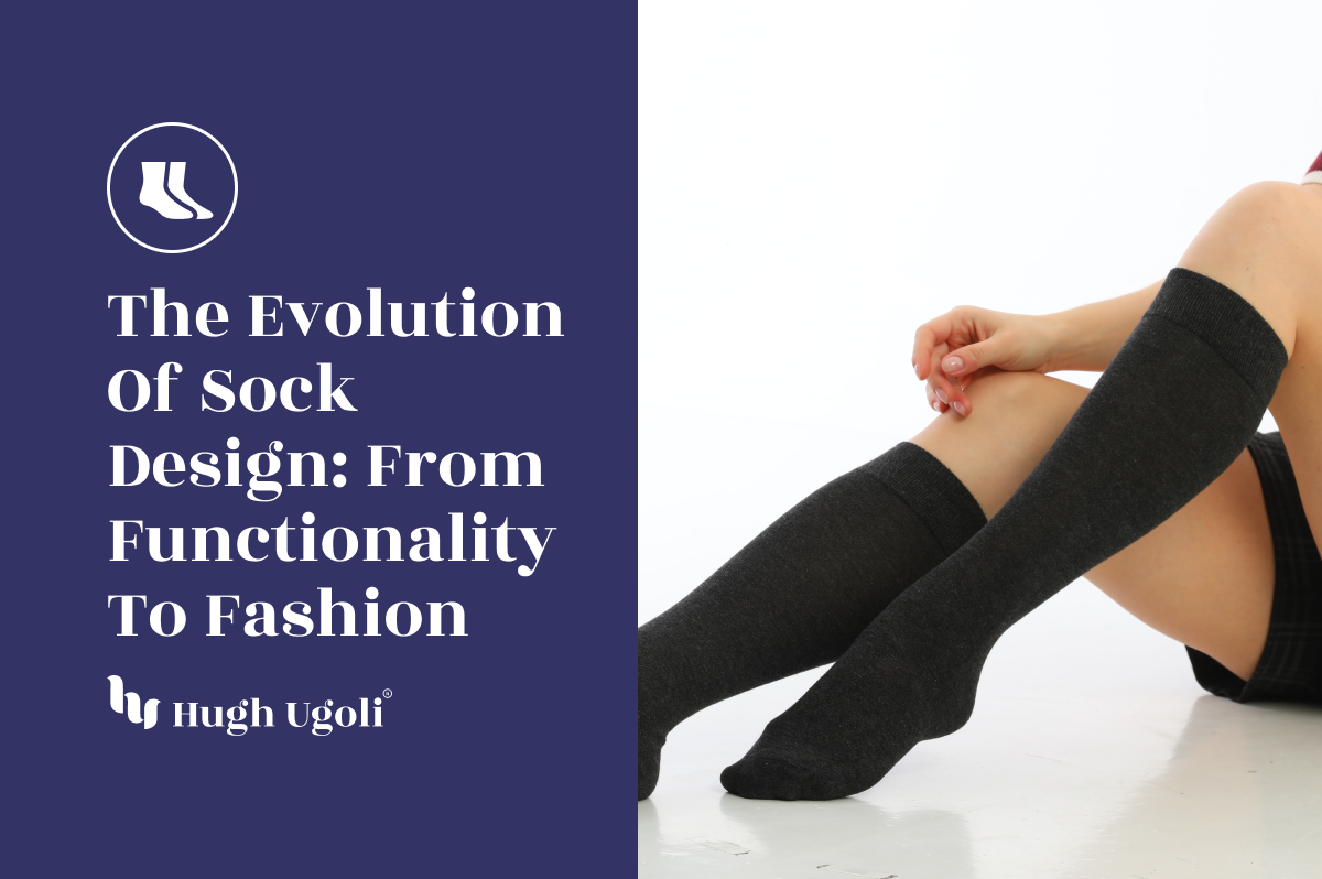A person sitting on the floor wearing long, dark-colored socks, highlighting the design and style evolution of socks from functionality to fashion.