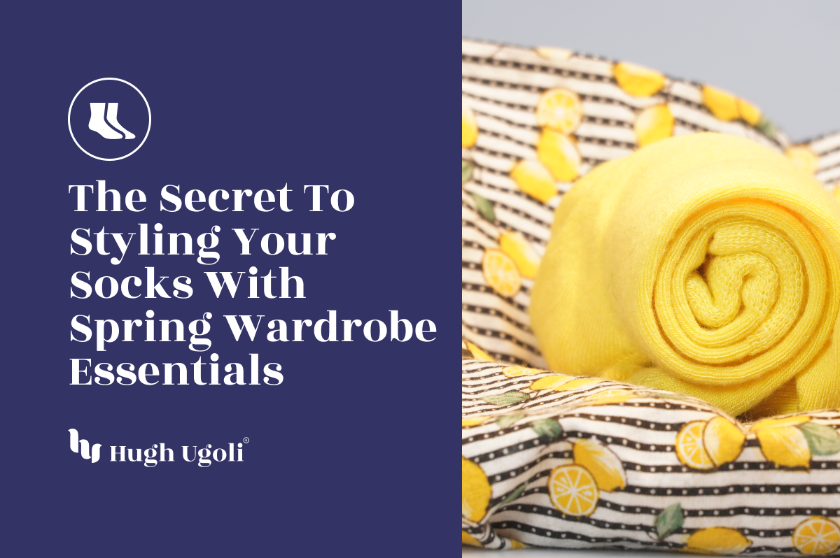 Bright yellow socks rolled neatly, adding a pop of color to a spring-themed fabric basket, suggesting fresh style tips for the season.