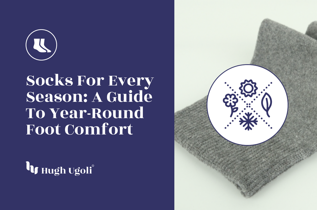 A pair of grey socks displayed against a neutral background, accompanied by an icon symbolizing versatility across all seasons with a snowflake, sun, flower, and leaf.