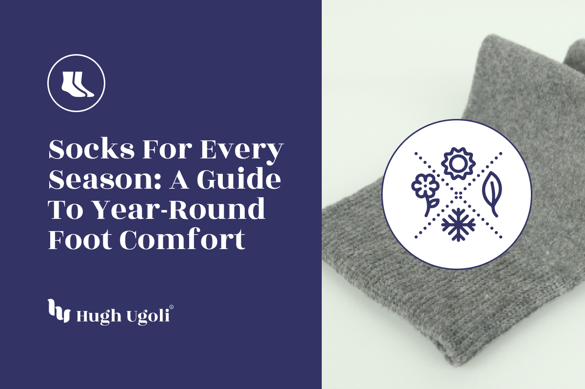 A pair of grey socks displayed against a neutral background, accompanied by an icon symbolizing versatility across all seasons with a snowflake, sun, flower, and leaf.