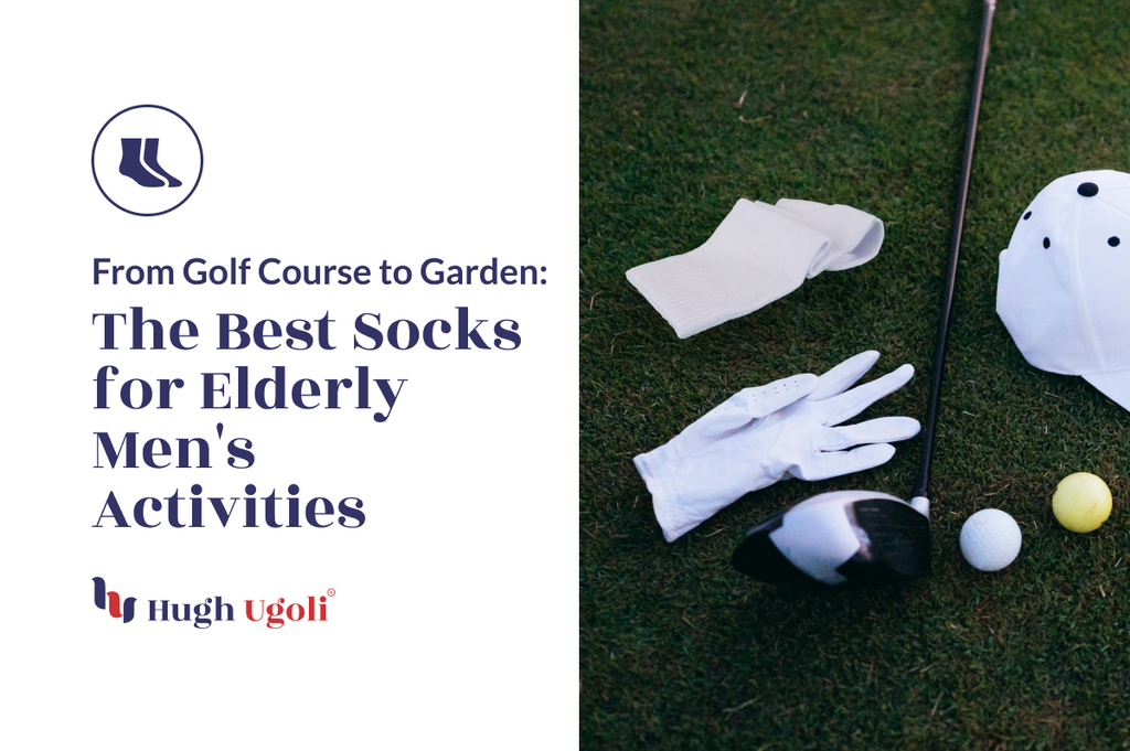 Golf equipment and a pair of white socks are laid on grass, hinting at leisure activities for senior men.