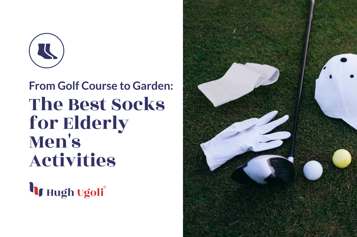 Golf equipment and a pair of white socks are laid on grass, hinting at leisure activities for senior men.
