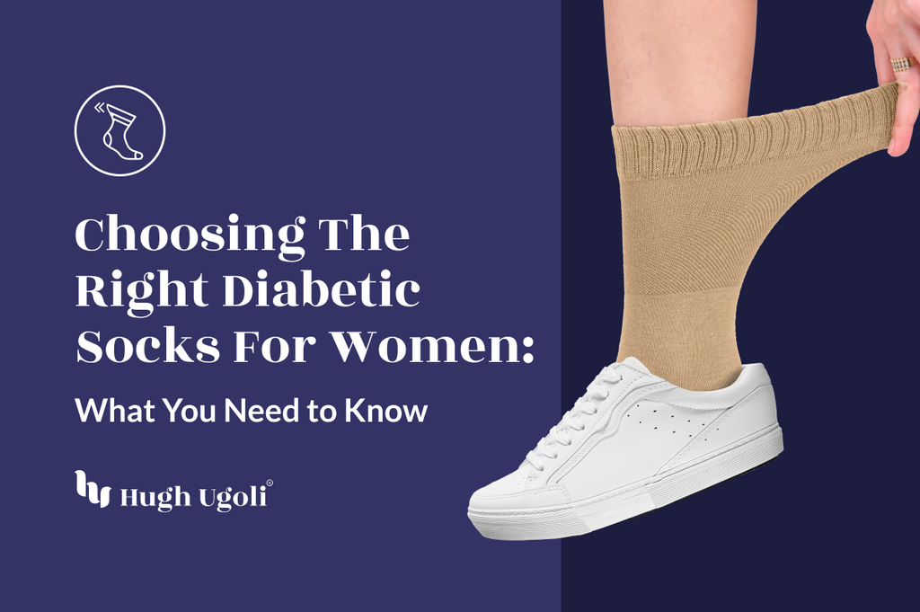 Close-up of a leg wearing beige Hugh Ugoli diabetic socks, being stretched for a comfortable fit, paired with white sneakers.