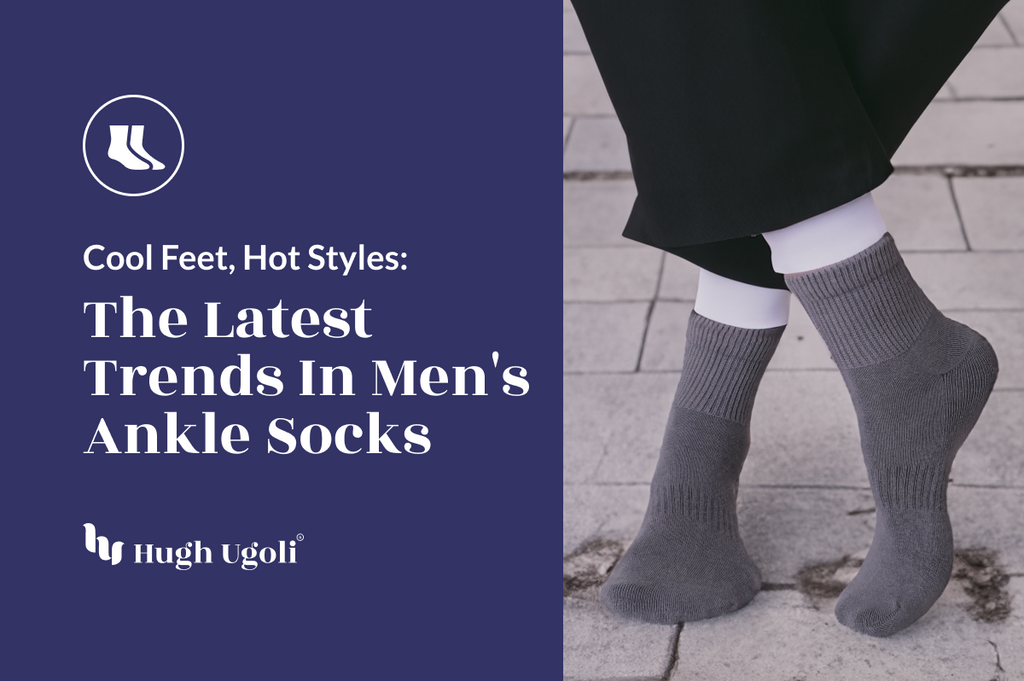 A pair of Hugh Ugoli's gray men's ankle socks, worn with a classic black trouser hemmed above the ankle, offering a glimpse of stylish comfort and the latest trend in men's footwear.