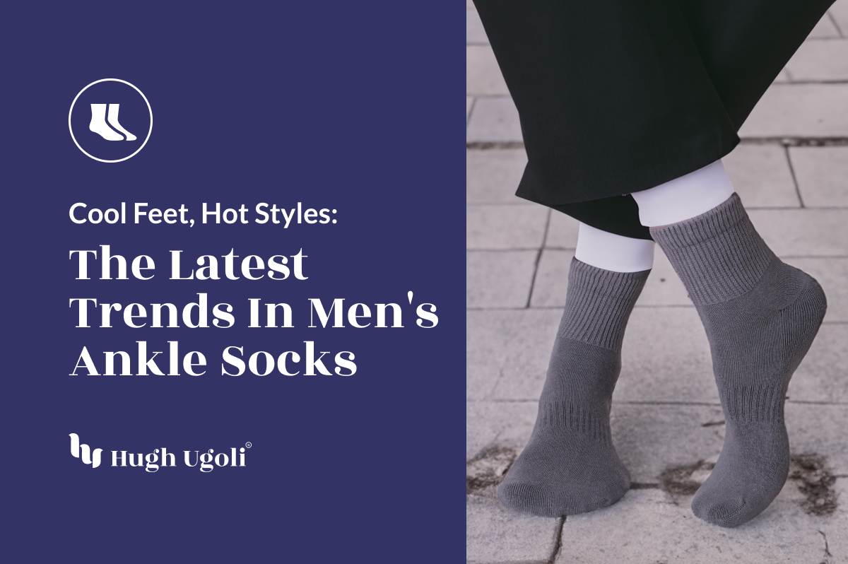 A pair of Hugh Ugoli's gray men's ankle socks, worn with a classic black trouser hemmed above the ankle, offering a glimpse of stylish comfort and the latest trend in men's footwear.
