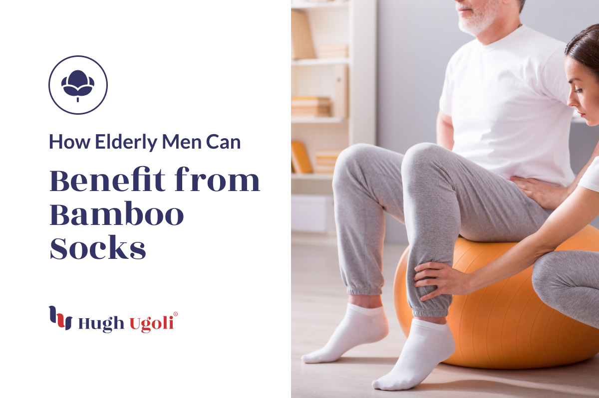 The image shows an elderly man sitting on an exercise ball being assisted by a person, focusing on the benefits of bamboo socks for elderly men.