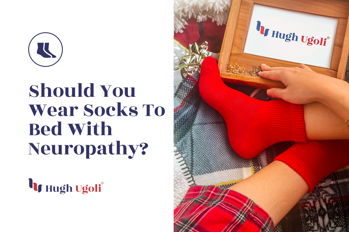 Health-focused question "Should You Wear Socks To Bed With Neuropathy?" featuring a person's feet in red socks in bed, framed by a festive setting, by Hugh Ugoli.