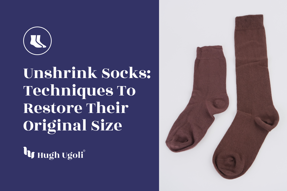 Two brown socks placed side by side, with one sock visibly shrunk and the other in its original size, demonstrating the difference in size and the need for unshrinking techniques.