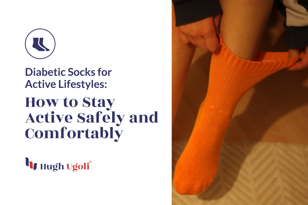 The image displays a person pulling on an orange sock, with text about diabetic socks for active living.