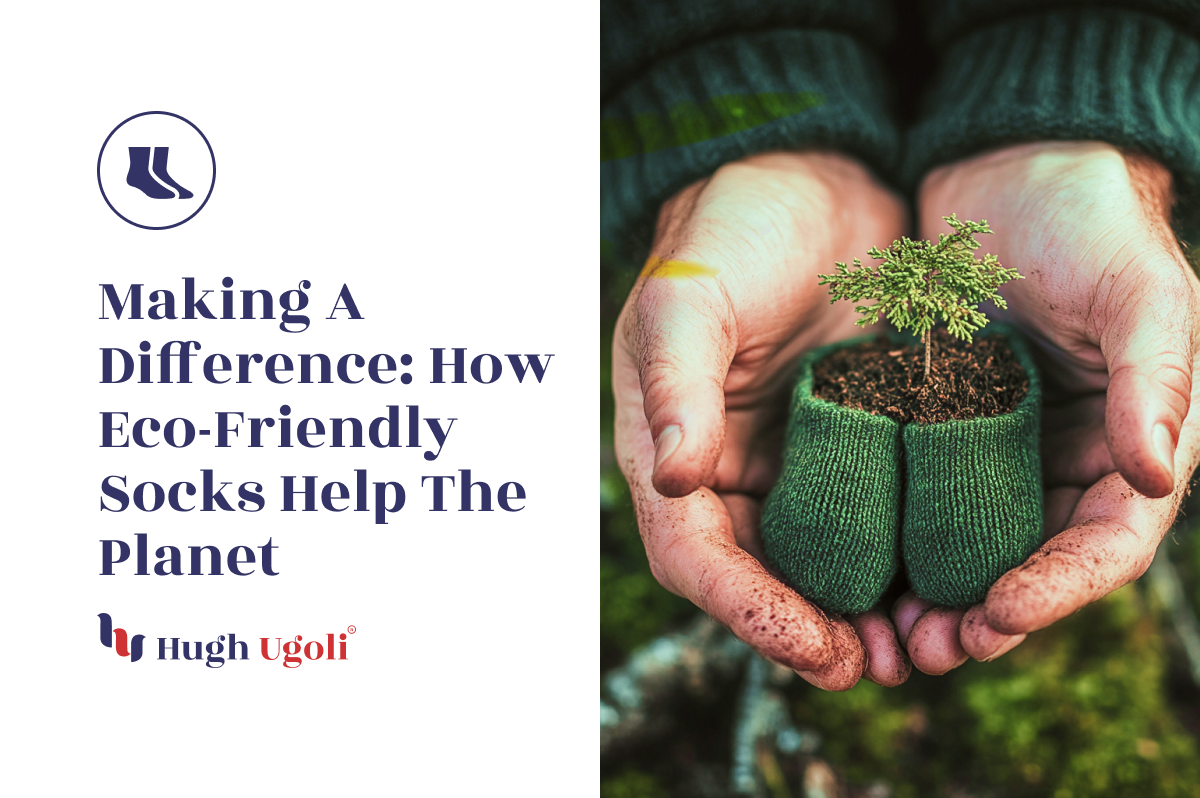 Hands gently holding a small plant with soil, nestled in a green sock, symbolizing eco-friendly socks and their positive impact on the environment.