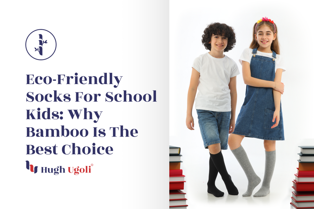 Two smiling children standing side by side in casual clothing, both wearing bamboo socks.