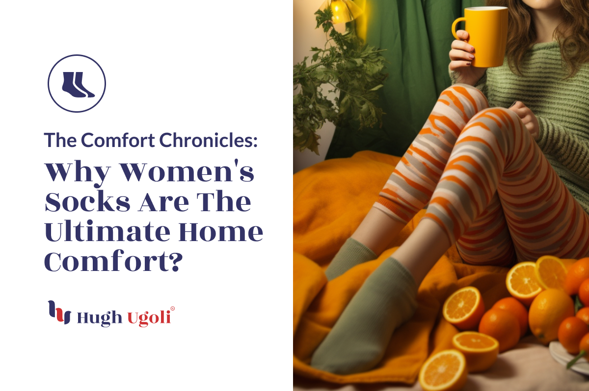 Cozy lifestyle scene titled "The Comfort Chronicles: Why Women's Socks Are The Ultimate Home Comfort?" with a woman in striped socks holding a mug, surrounded by oranges, by Hugh Ugoli.
