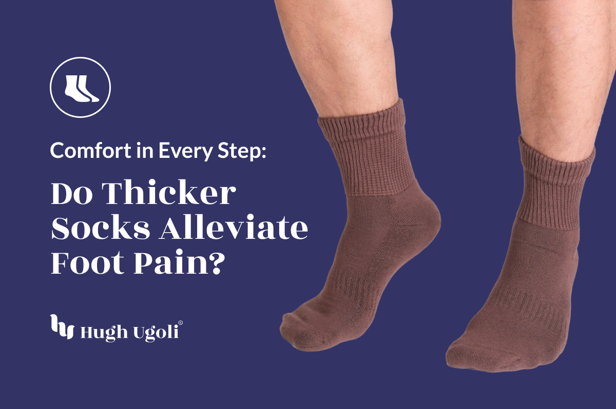 The image displays a pair of legs wearing brown, ankle-high socks with a ribbed cuff. The background is solid blue, and there is text that reads, "Comfort in Every Step: Do Thicker Socks Alleviate Foot Pain?