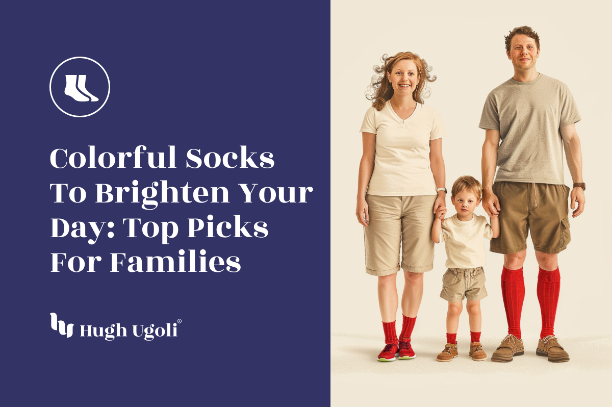 A family of three wearing colorful Hugh Ugoli socks, standing together and smiling, showcasing the variety and vibrancy of the socks.