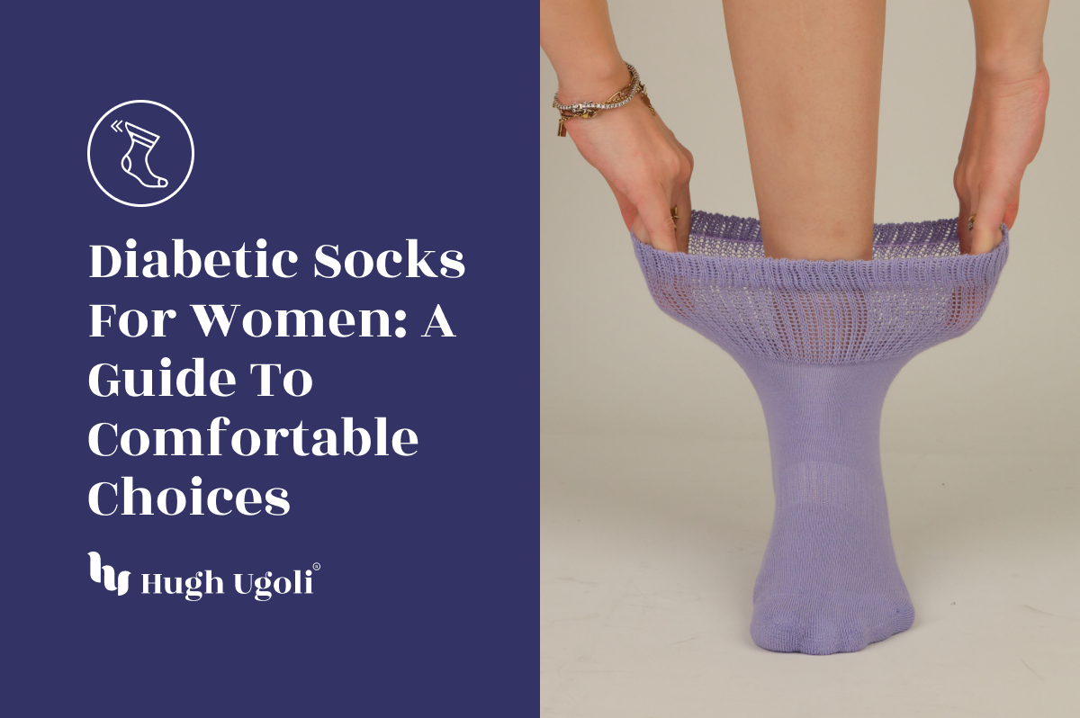 Close-up of legs wearing lavender Hugh Ugoli diabetic socks, demonstrating flexibility and comfort.