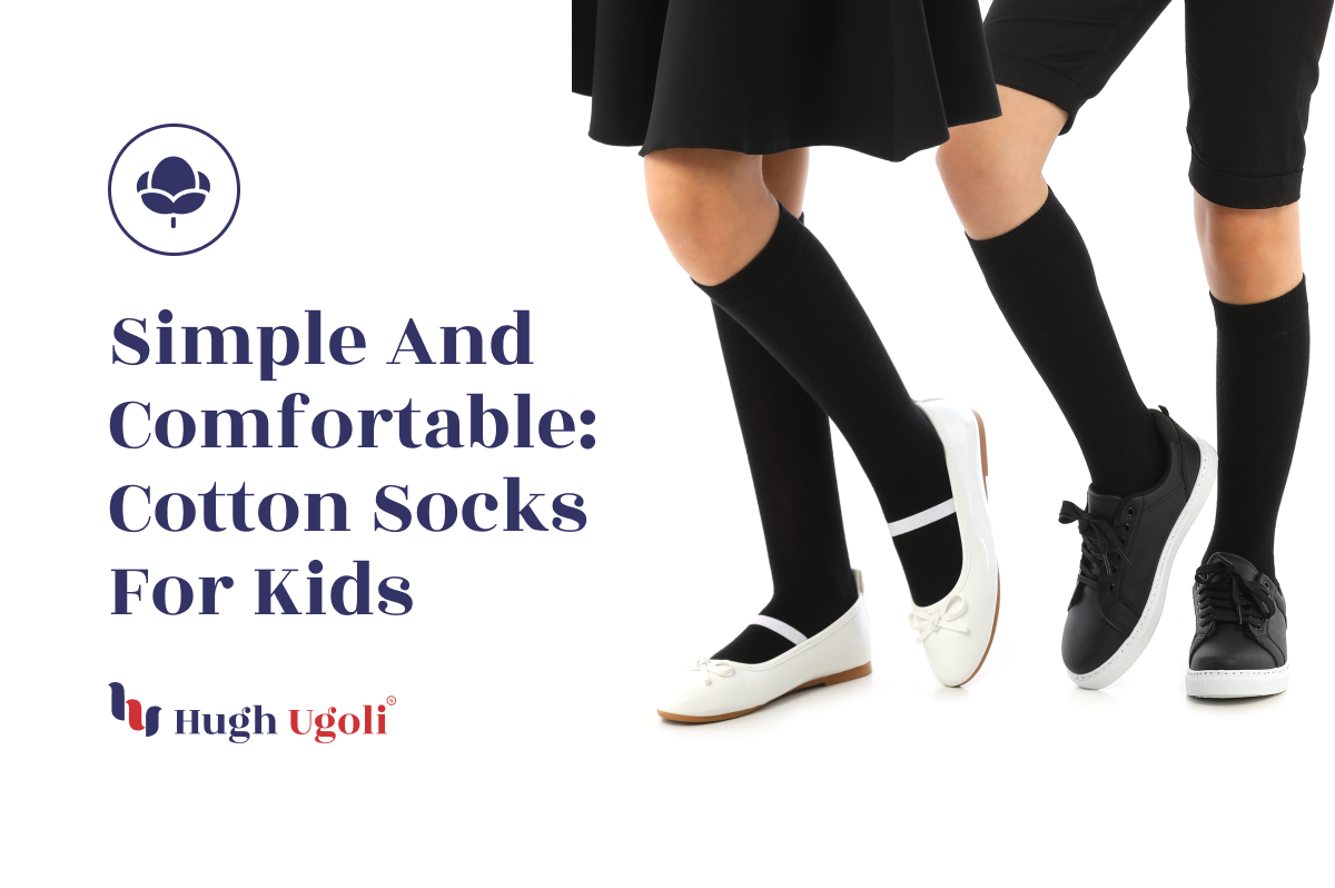 Children wearing black knee-high cotton socks paired with different shoes—white ballet flats and black sneakers—emphasizing both comfort and simplicity, ideal for schoolwear.