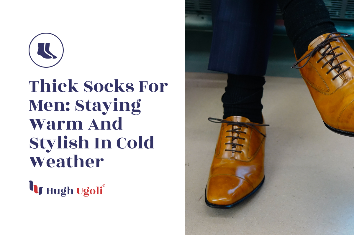 Man wearing thick black socks with brown leather shoes, highlighting warmth and style for cold weather.