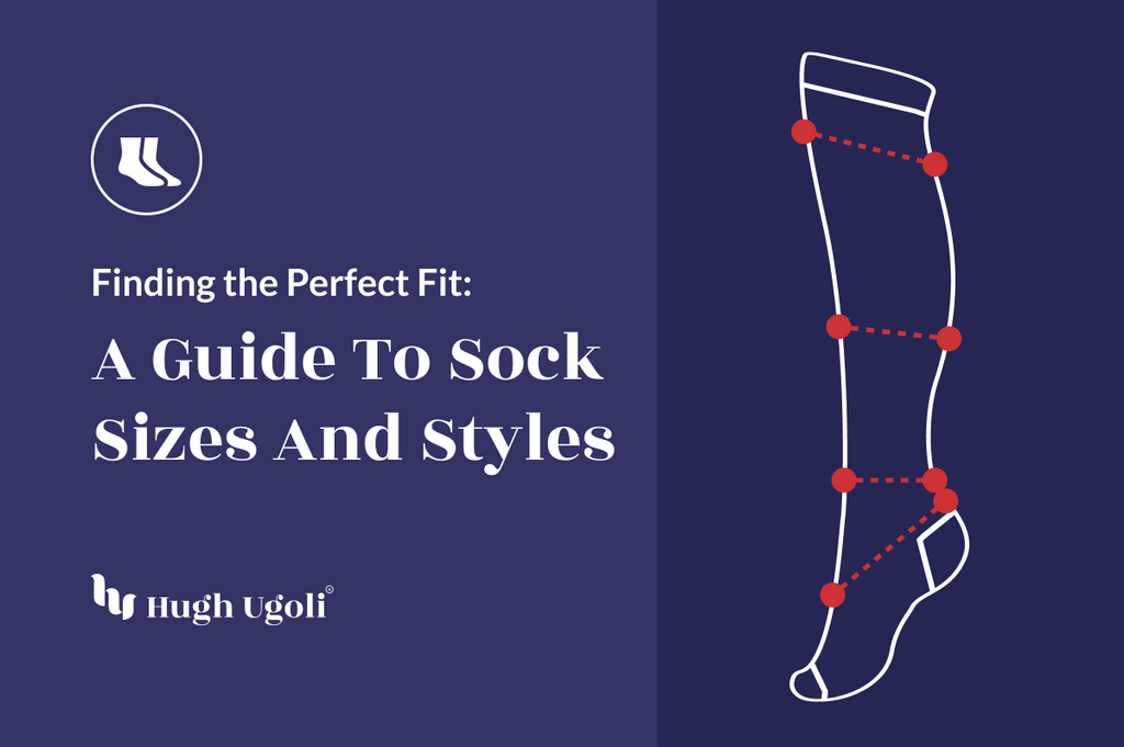 Illustration of a sock with highlighted measurement points, accompanying the Hugh Ugoli guide on selecting the perfect sock sizes and styles.