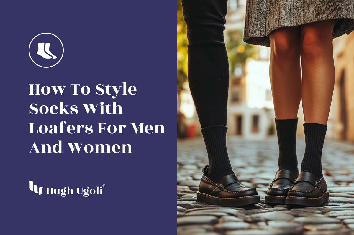 Close-up of men's and women's loafers paired with black ribbed socks, styled with casual and chic outfits, captured on a cobblestone street in soft daylight.