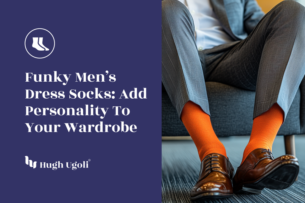 Close-up of a seated man wearing vibrant orange dress socks paired with polished brown leather shoes and a sharp grey suit, adding a playful touch to a professional look.
