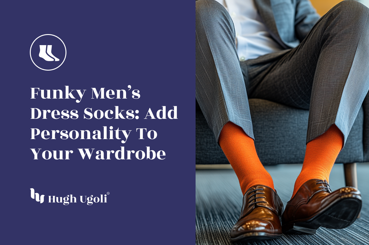 Close-up of a seated man wearing vibrant orange dress socks paired with polished brown leather shoes and a sharp grey suit, adding a playful touch to a professional look.