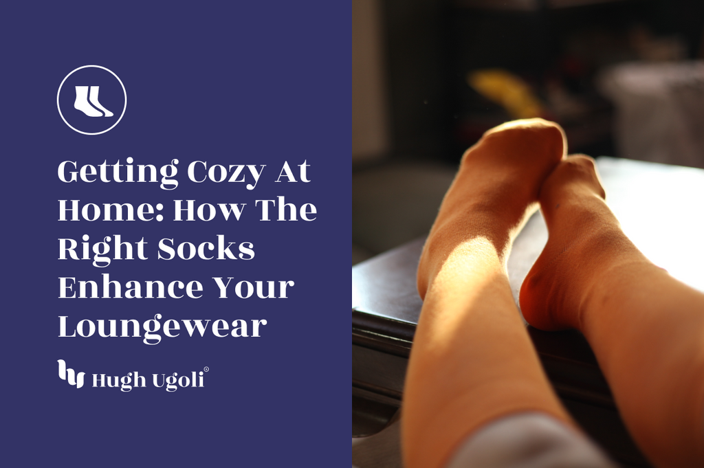 Sunlight gently illuminates cozy orange socks as someone relaxes at home, feet resting on a wooden table.