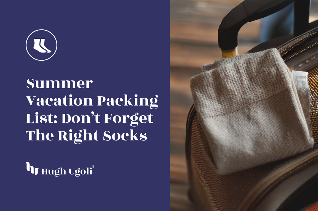 Beige Hugh Ugoli socks neatly placed on a suitcase, ready for summer vacation packing essentials.