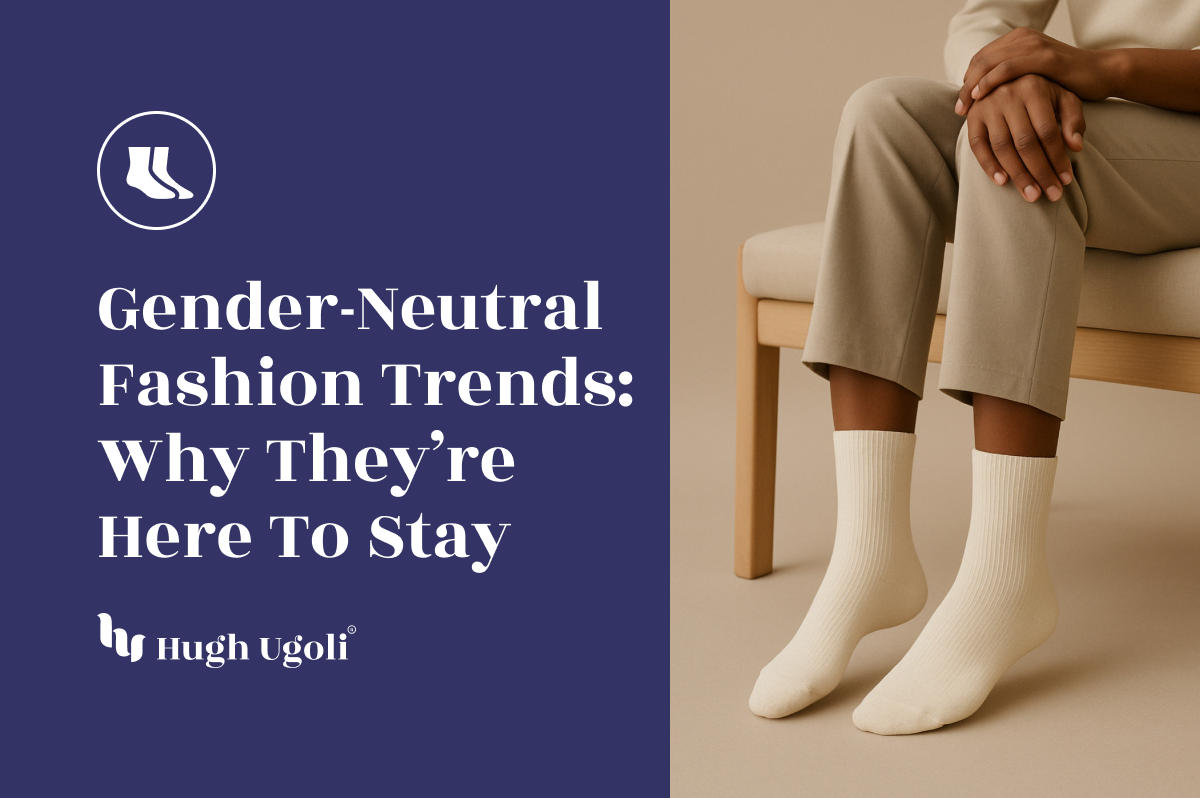 Relaxed and refined, a seated figure in neutral-toned attire and cream ribbed socks embodies the timeless appeal and inclusivity of gender-neutral fashion.