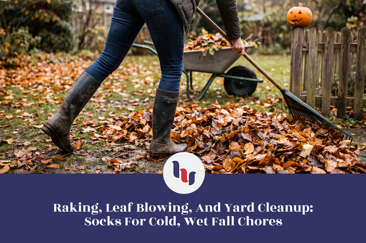 Person raking autumn leaves outdoors while wearing tall waterproof boots