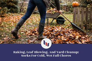 Person raking autumn leaves outdoors while wearing tall waterproof boots