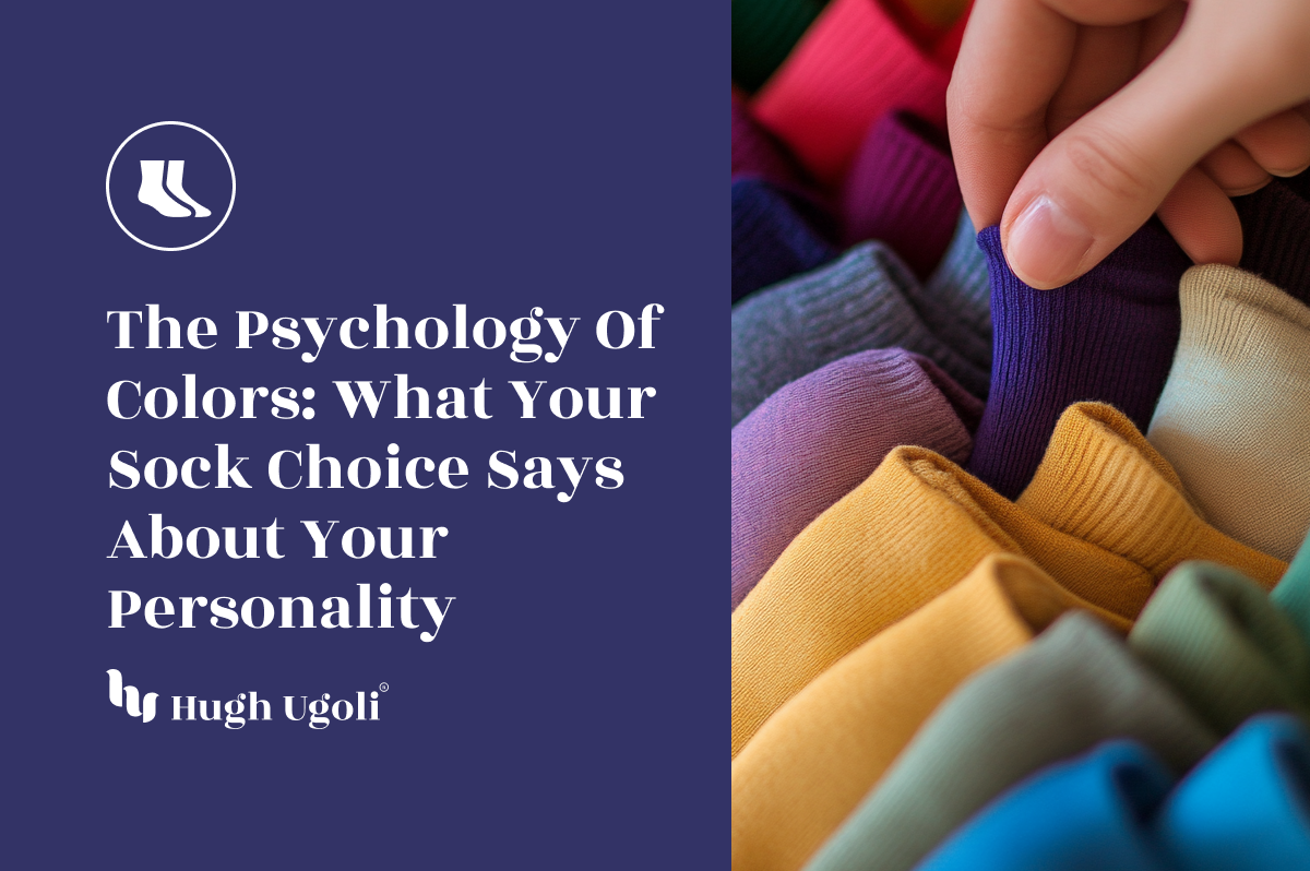 Close-up of a hand selecting a pair of colorful socks from a neatly arranged rainbow-like drawer, emphasizing individuality and personality through color choice.