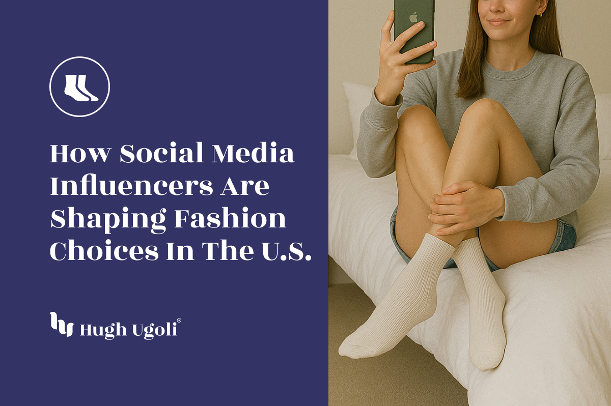 Young woman taking a selfie while wearing ribbed cream socks, representing how social media influences modern fashion trends in the U.S.