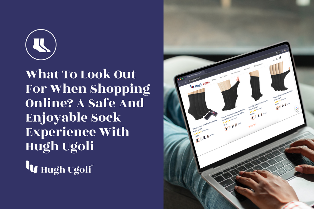 Person browsing Hugh Ugoli’s online store for high-quality bamboo socks on a laptop