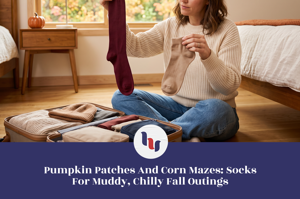 Woman packing burgundy and beige socks into a suitcase for a fall outing