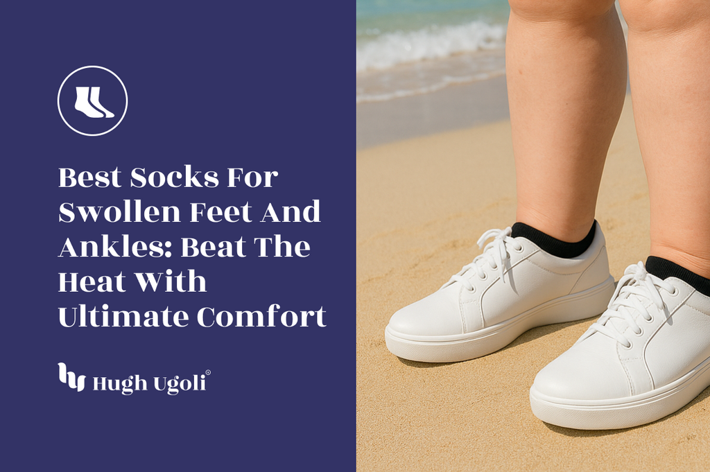 Person standing on sandy beach wearing white sneakers and black ankle socks, highlighting comfort-focused socks for swollen feet and ankles.