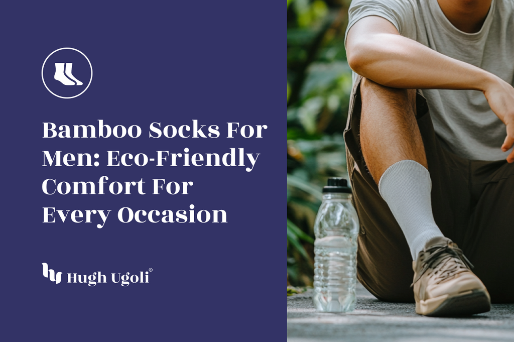 Man wearing breathable bamboo socks, sitting outdoors with a water bottle, embracing eco-friendly comfort.