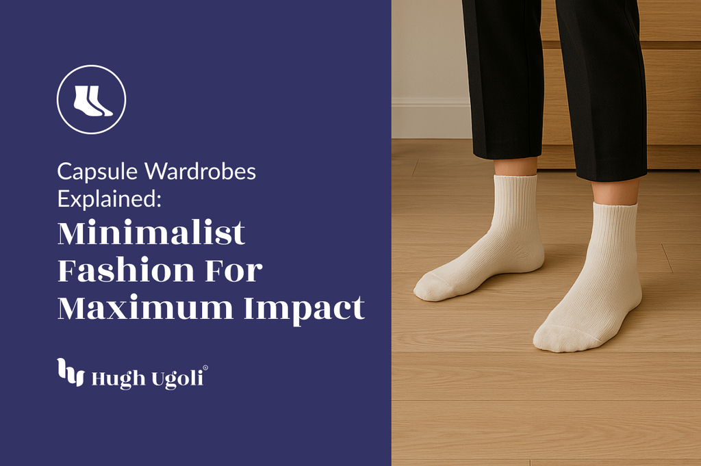 Cream ribbed socks paired with sleek black trousers on a wooden floor—capturing the clean, timeless aesthetic of minimalist capsule wardrobe fashion.