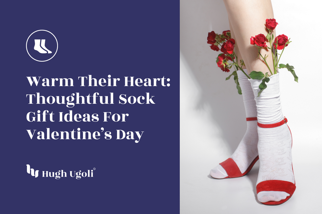 Close-up of a person's legs wearing white socks with red accents, styled with red roses tucked into the socks, emphasizing a romantic Valentine's Day theme.